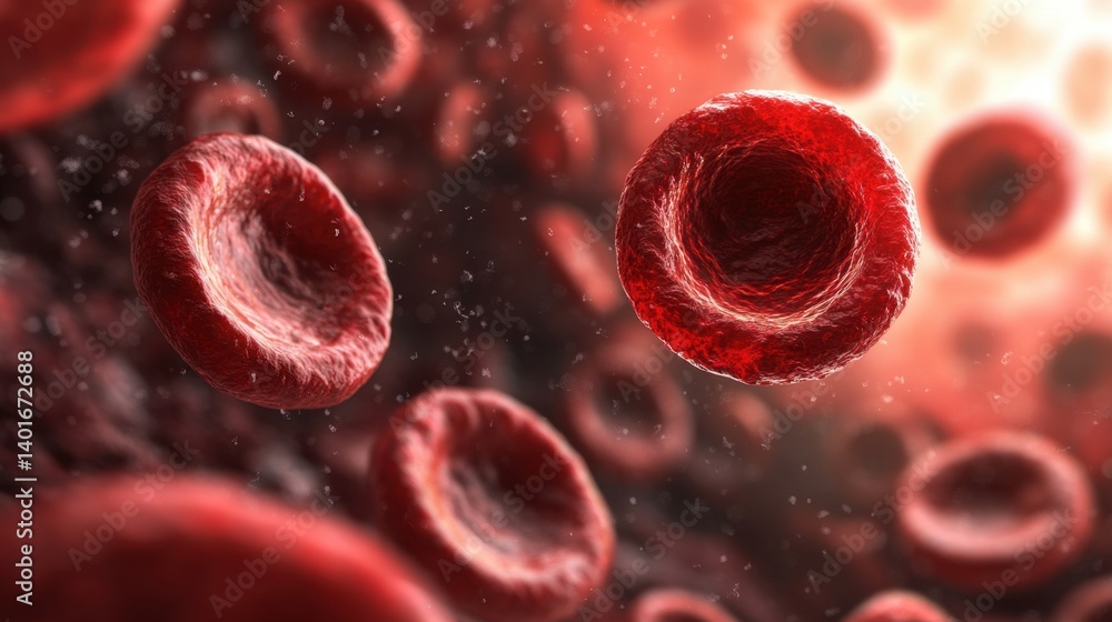 Fototapeta premium Dramatic close-up of red blood cells flowing through a dark, textured space, highlighting their unique biconcave shape