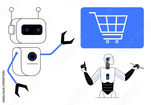 Robots interacting with a shopping cart and performing tasks with precision. Ideal for AI, robotics, e-commerce, automation, technology, innovation, futuristic concepts. Flat simple metaphor