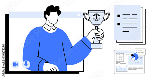 Person holding a trophy in a video call window, alongside documents and analytics charts. Ideal for remote success, teamwork, recognition, leadership, business, achievement, simple landing page