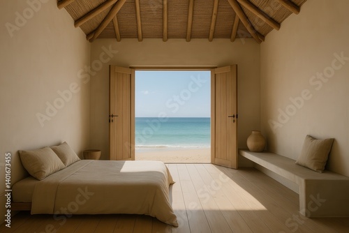 Minimalist beachfront bedroom with open doors to serene ocean view and natural decor