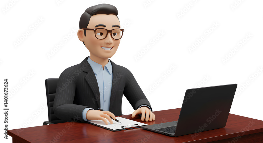 Smiling Cartoon Businessman Working at Desk with Laptop and Documents in a Clean Office Environment Smiling Cartoon Businessman Working at Desk with Laptop and Documents in a Clean Office Environment