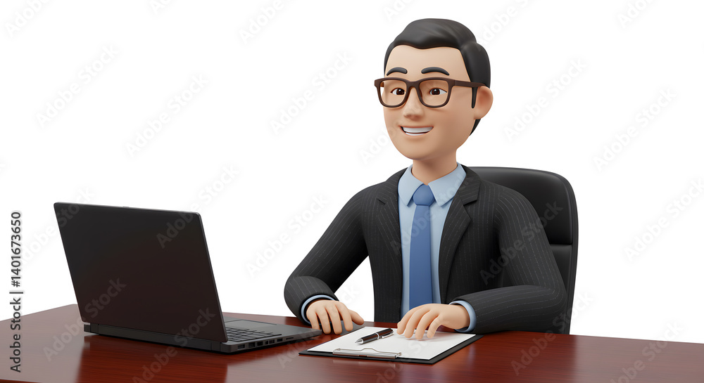 Animated professional at desk, a modern representation of corporate life and efficient workflow utilizing a laptop for enhanced productivity Animated professional at desk, a modern representation of corporate life and efficient workflow utilizing a laptop for enhanced productivity