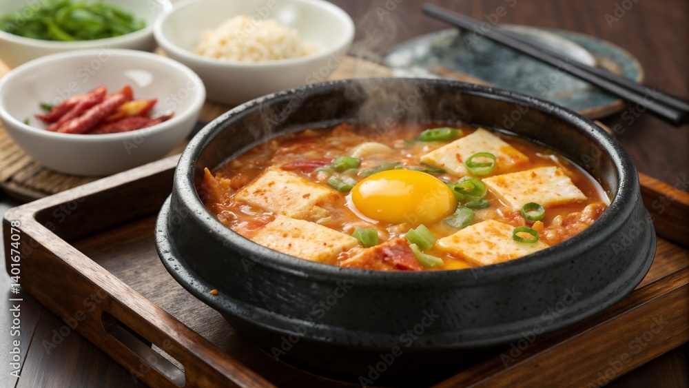 Sundubu-jjigae with raw egg yolk and tofu served hot Sundubu-jjigae with raw egg yolk and tofu served hot