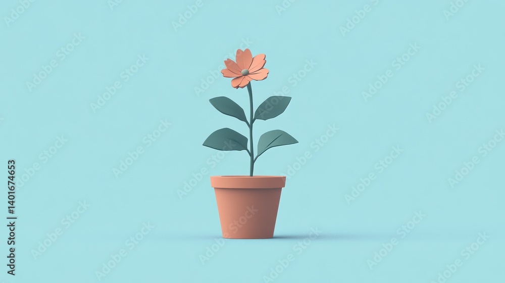 Minimalist Potted Plant with a Single Flower Against a Soft Blue Background Ideal for Home De Minimalist Potted Plant with a Single Flower Against a Soft Blue Background Ideal for Home De