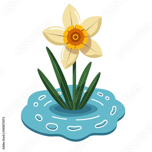 Daffodil with creamy white petals, an orange center, and green leaves, growing from a light blue puddle with white highlights