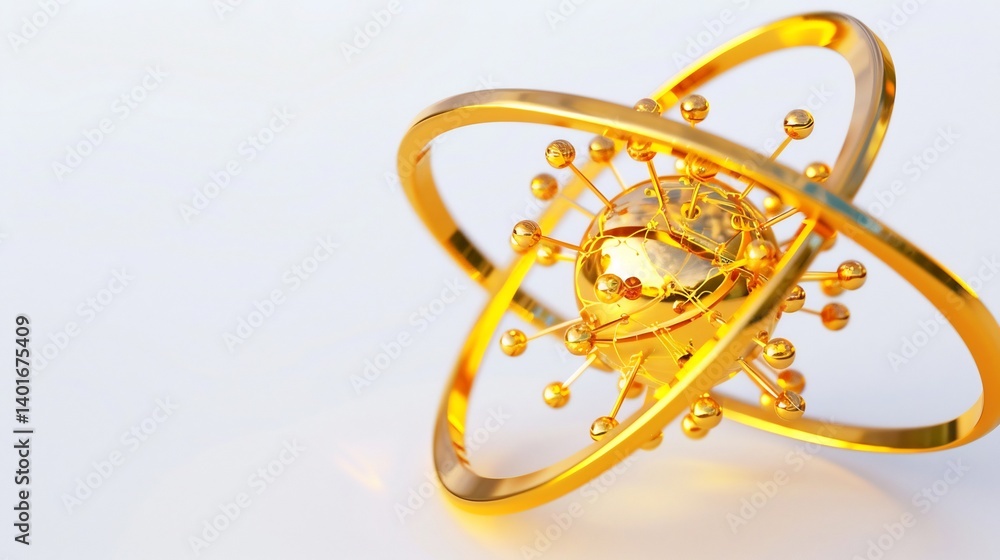 Fototapeta premium Close up of gold atom with its electrons orbiting dynamically in a futuristic style on a white background