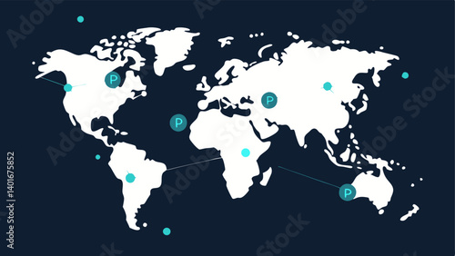 Global Connectivity A world map outline with dots nodes p on various continents connected by lines to show global participation in blockchain technology.