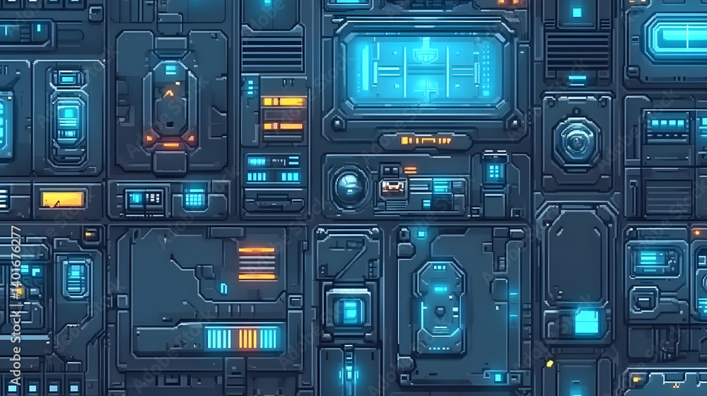 Detailed Close Up of Cyberpunk Style Tech Panel Surface with Intricate Textures and Blue and Orange Lights for Abstract Background Detailed Close Up of Cyberpunk Style Tech Panel Surface with Intricate Textures and Blue and Orange Lights for Abstract Background