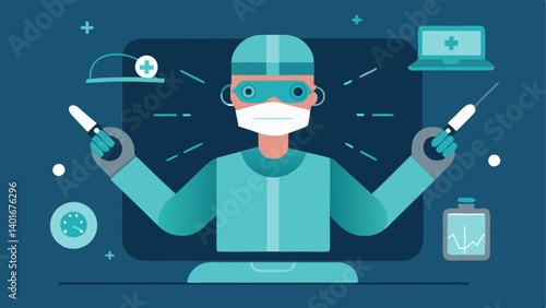 Team Collaboration A team of surgeons in scrubs gathered around a virtual operating table projected in the air discussing strategy with digital tablets in hand.