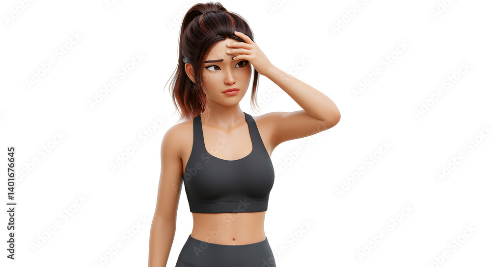 Depiction of a contemplative young woman in athletic wear, considering solutions with a hand on her forehead, set against a clear white background Depiction of a contemplative young woman in athletic wear, considering solutions with a hand on her forehead, set against a clear white background