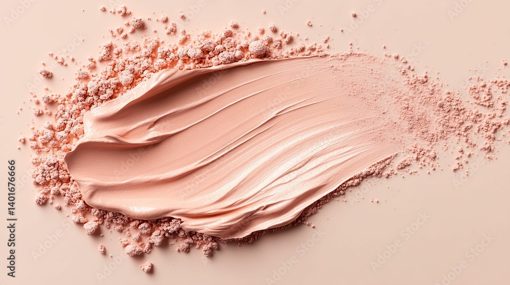 A blush-toned cosmetic product smudged and scattered on a pale pink surface. A blush-toned cosmetic product smudged and scattered on a pale pink surface.