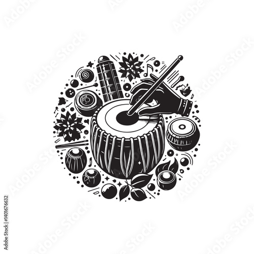 Black Color Tabla Silhouette Vector Illustration, Solid White Background