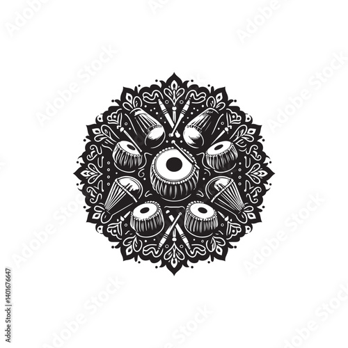 Black Color Tabla Silhouette Vector Illustration, Solid White Background