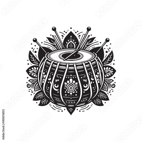 Black Color Tabla Silhouette Vector Illustration, Solid White Background