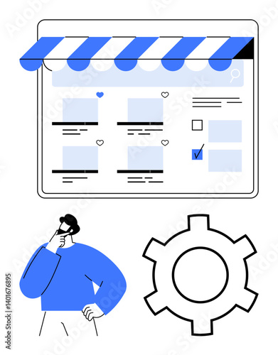 Man contemplating under online storefront with products, selection icons, and cogwheel. Ideal for e-commerce, decision-making, shopping, customization, organization strategy innovation. Flat simple