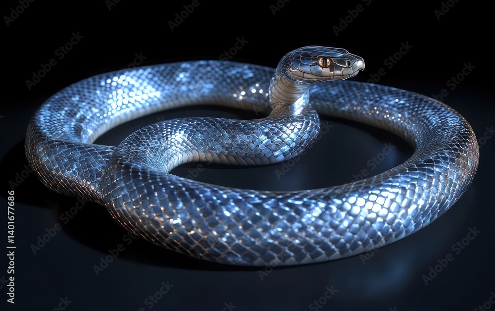 Obraz premium Hyper-realistic Metallic Snake Coiled in Studio Lighting Dark Background