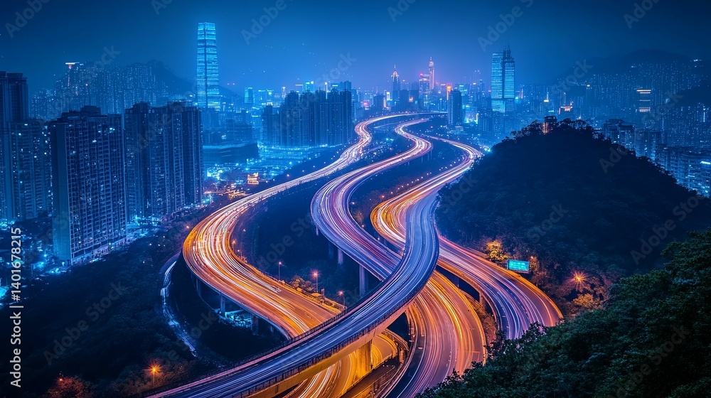 Fototapeta premium A sprawling highway system winds through a vibrant nighttime cityscape.