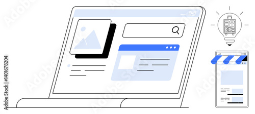 Laptop with webpage elements, search bar, and image preview beside a mobile store app and lightbulb. Ideal for web design, e-commerce, innovation, creativity, UX, digital marketing flat simple