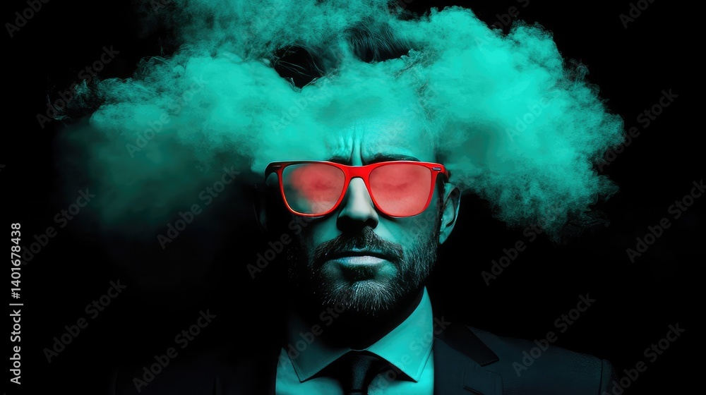 Fototapeta premium Stylish Man in Red Glasses Surrounded by Green Smoke Against Black Background