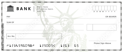 Minimalist bank check design with central Statue of Liberty grayscale line art. White/gray tones, formal fields for payee, amount, and memo.