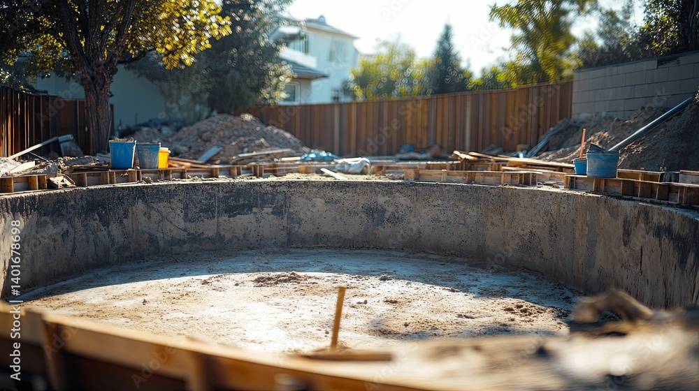 Unfinished concrete pool foundation under construction. Unfinished concrete pool foundation under construction.