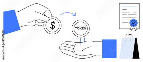 Hand exchanging dollar for token, circular arrow above, certificate with seal, and shopping bags nearby. Ideal for cryptocurrency, finance, e-commerce, contracts, digital transactions rewards
