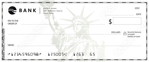 Minimalist bank check design with central Statue of Liberty grayscale line art. White/gray tones, formal fields for payee, amount, and memo.