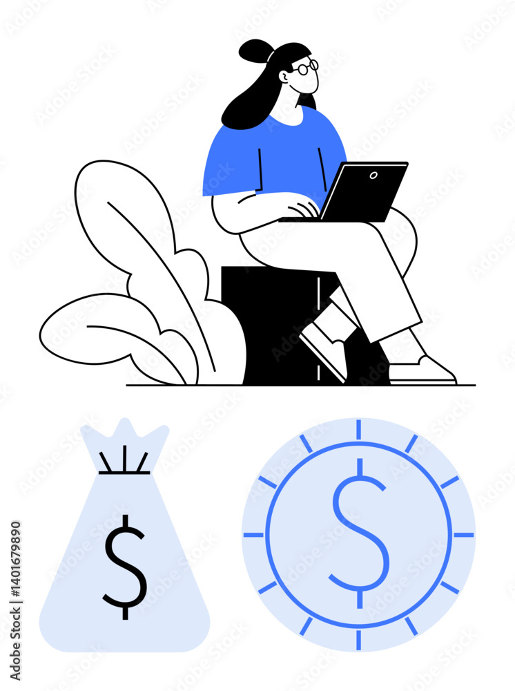 Woman sitting with laptop near plants, next to dollar bag and coin. Ideal for finance, productivity, remote work, saving, budgeting, growth investments. Flat simple metaphor Woman sitting with laptop near plants, next to dollar bag and coin. Ideal for finance, productivity, remote work, saving, budgeting, growth investments. Flat simple metaphor