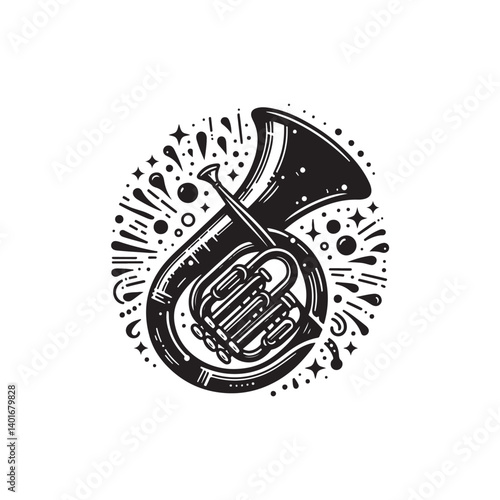 Black Color Tuba Silhouette Vector Illustration, Solid White Background