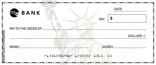 Minimalist bank check design with central Statue of Liberty grayscale line art. White/gray tones, formal fields for payee, amount, and memo.