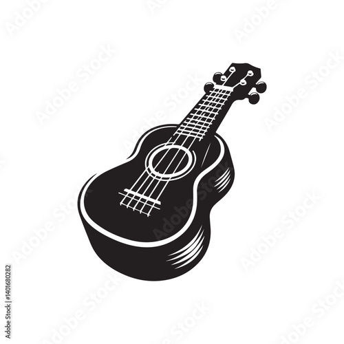 Black Color Ukulele Silhouette Vector Illustration, Solid White Background