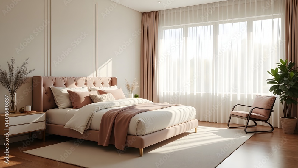 Obraz premium Serene Pink Bedroom Interior Design Luxurious Comfort and Tranquil Ambiance