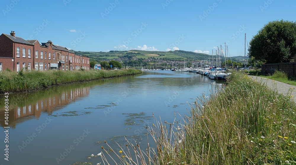 Fototapeta premium Tranquil Canal Scene with Reflections of Buildings and Boats