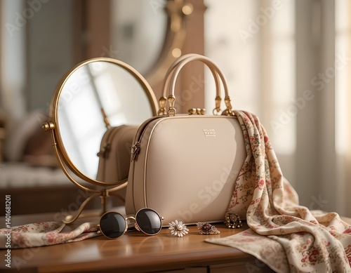 beige handbag with floral scarf sunglasses and gold mirror on wooden surface
