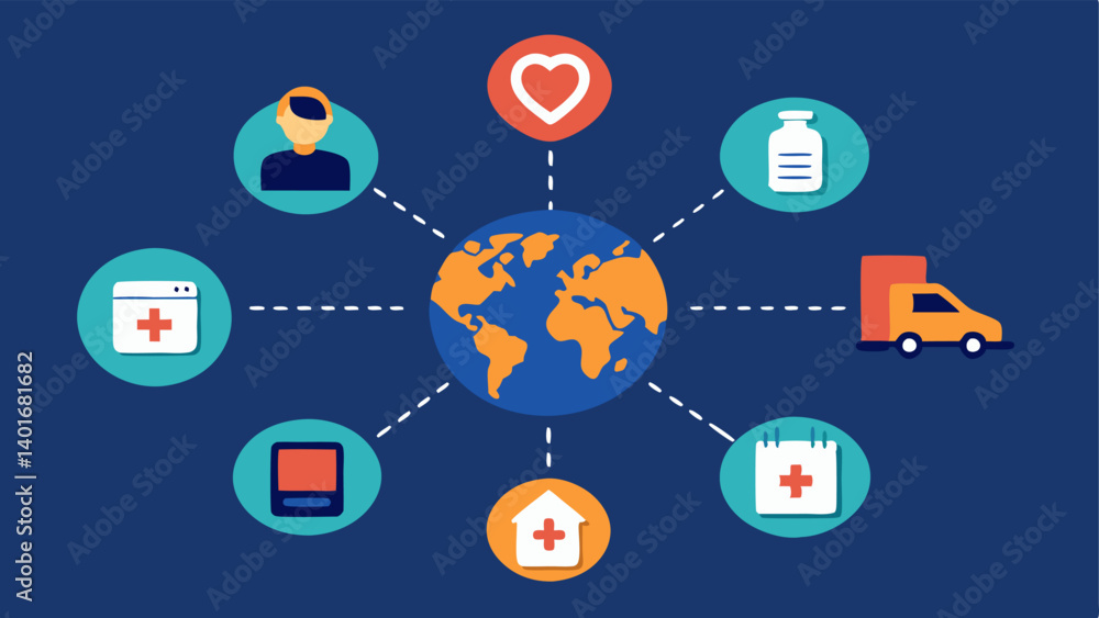 Localized Relief Efforts Illustrate AI coordinating localized relief efforts with icons for different resources being dispatched to specific highneed areas highlighted in satellite Localized Relief Efforts Illustrate AI coordinating localized relief efforts with icons for different resources being dispatched to specific highneed areas highlighted in satellite