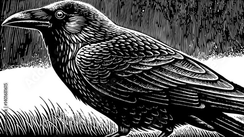 "Dark surreal raven with grungy stippled shading and photocopy grain effect, isolated as a collage element. Retro black and white vector style with warped, haunting posture—perfect for a psychedelic H