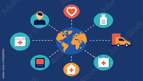 Localized Relief Efforts Illustrate AI coordinating localized relief efforts with icons for different resources being dispatched to specific highneed areas highlighted in satellite