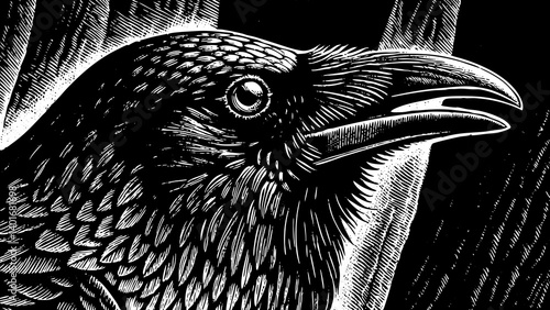 Creepy Halloween raven illustration with vintage stippling and photocopy distortion. Grunge dotted texture and surreal collage style, featuring eerie eyes and exaggerated feathers. Retro vector design