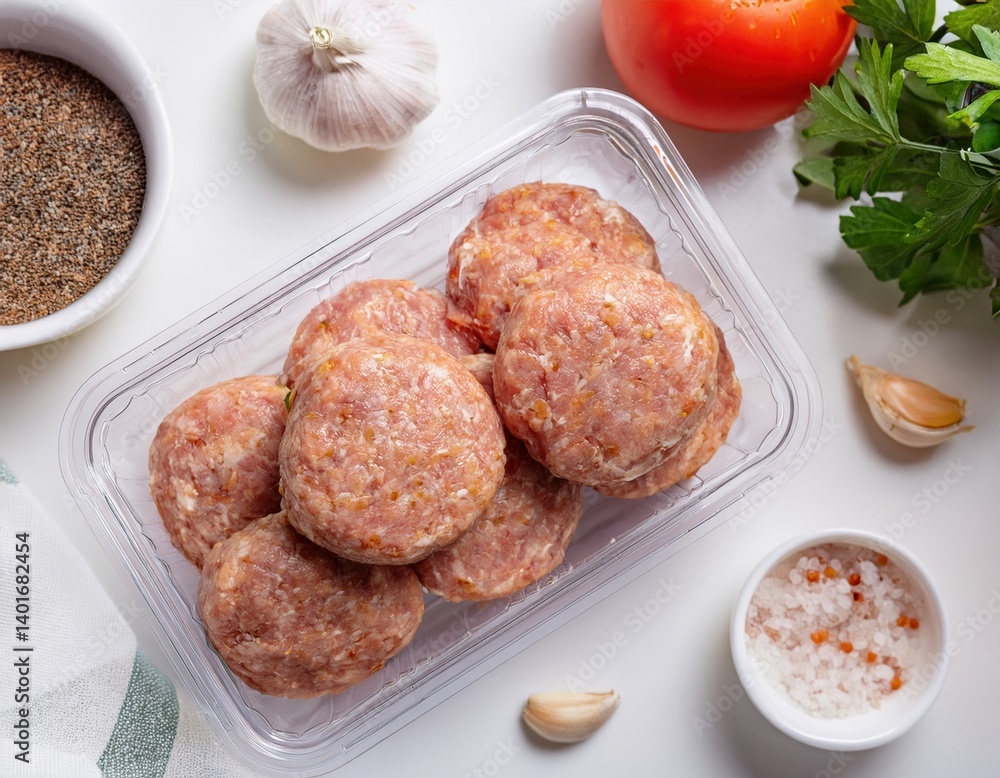 Raw pork patties with fresh garlic, tomato, and seasonings on white background Raw pork patties with fresh garlic, tomato, and seasonings on white background