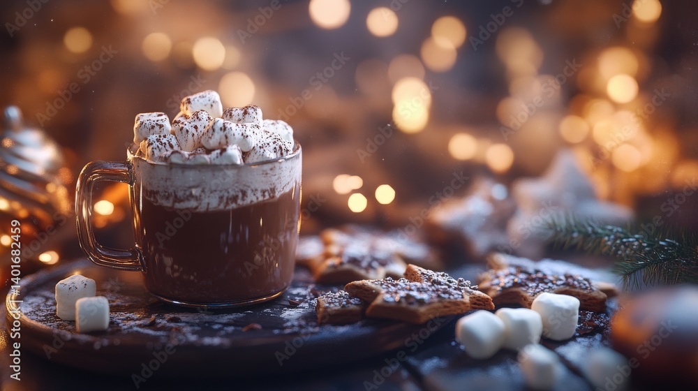 A warm mug of cocoa topped with marshmallows and cookies A warm mug of cocoa topped with marshmallows and cookies