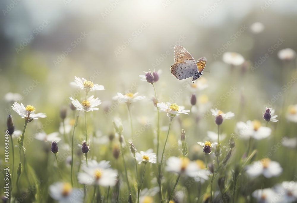 Fototapeta premium white butterflies beautiful meadow background spring flower light freshness design leaf sharpened concept art blur daisy close colourful effect bokeh morning natural day defocused bubble abstract