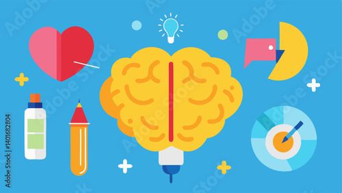 Brain with Therapy Tools A brain illustration surrounded by various therapy tools such as a notebook a pencil a heart and a light bulb symbolizing reflection emotion and ideas.