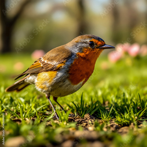 A detailed photo close-up of an American Robin hopping on the ground, its orange breast and brown feathers contrasting against the vibrant green grass. The sunlight casts soft shadows
