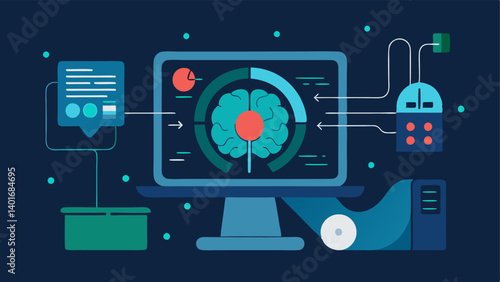 Technological Display A futuristic interface that shows the imaging process in action depicting realtime imaging data being analyzed by the AI system alongside the MRI machine.
