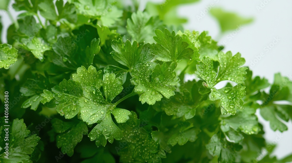 Fresh green parsley leaves with water droplets close-up Fresh green parsley leaves with water droplets close-up