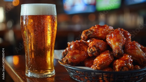 Enjoying cold beer with spicy buffalo chicken wings at a lively pub during game night