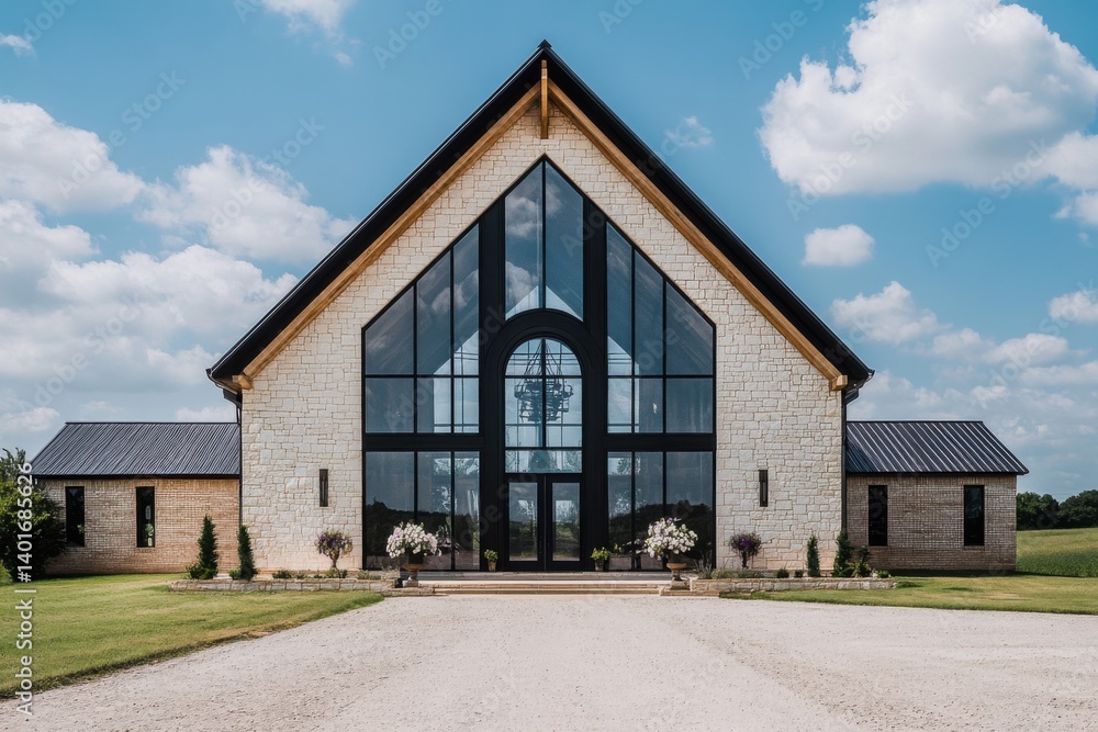 Obraz premium Contemporary building showcasing large glass windows and unique architecture in a serene outdoor setting during a sunny day with scattered clouds