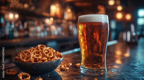 Refreshing beer served with crunchy hard pretzel sticks in a cozy pub setting during the evening