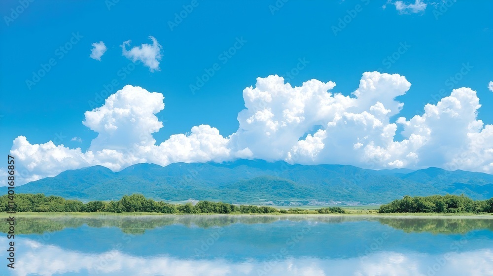 Serene mountain lake reflecting blue sky and fluffy clouds. Perfect for travel, nature, and calmness themes. Serene mountain lake reflecting blue sky and fluffy clouds. Perfect for travel, nature, and calmness themes.