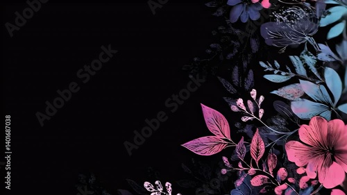 A vibrant floral design with pink and purple flowers on a black background.